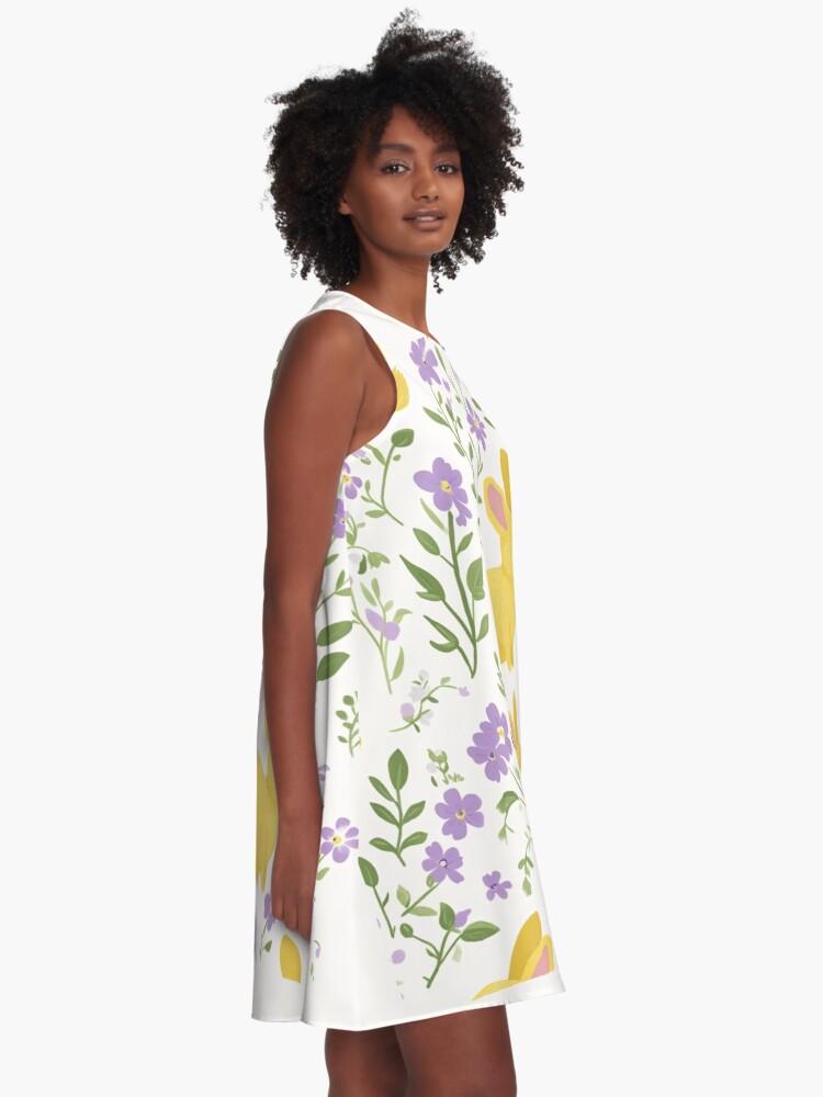 Thumbnail 2 of 4, A-Line Dress, Yellow Bunny & Lavender Floral Pattern – Springtime Whimsy designed and sold by Patricks-Art.