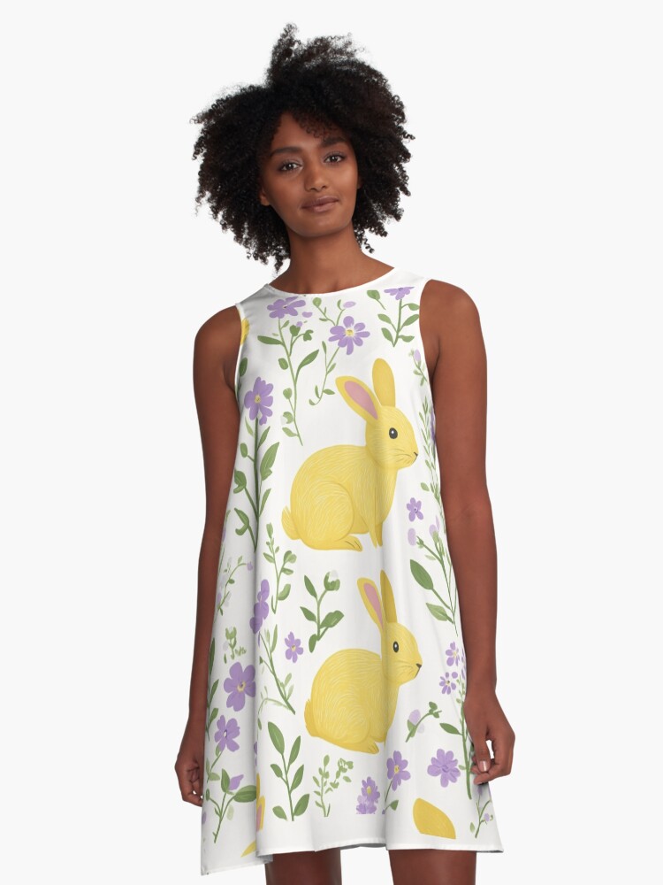 Thumbnail 1 of 4, A-Line Dress, Yellow Bunny & Lavender Floral Pattern – Springtime Whimsy designed and sold by Patricks-Art.