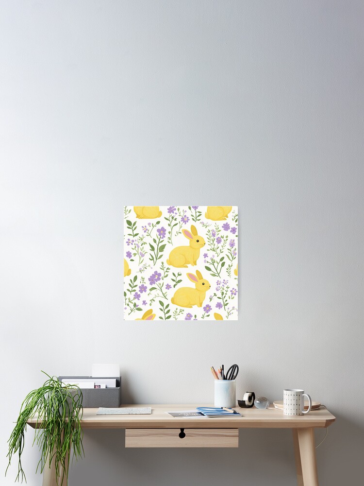 Thumbnail 2 of 3, Poster, Yellow Bunny & Lavender Floral Pattern – Springtime Whimsy designed and sold by Patricks-Art.