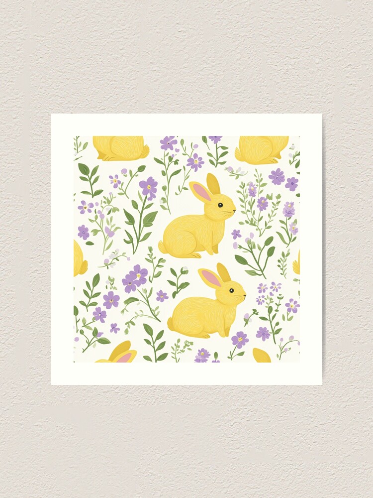 Thumbnail 1 of 3, Art Print, Yellow Bunny & Lavender Floral Pattern – Springtime Whimsy designed and sold by Patricks-Art.