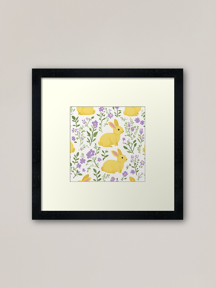 Thumbnail 1 of 7, Framed Art Print, Yellow Bunny & Lavender Floral Pattern – Springtime Whimsy designed and sold by Patricks-Art.