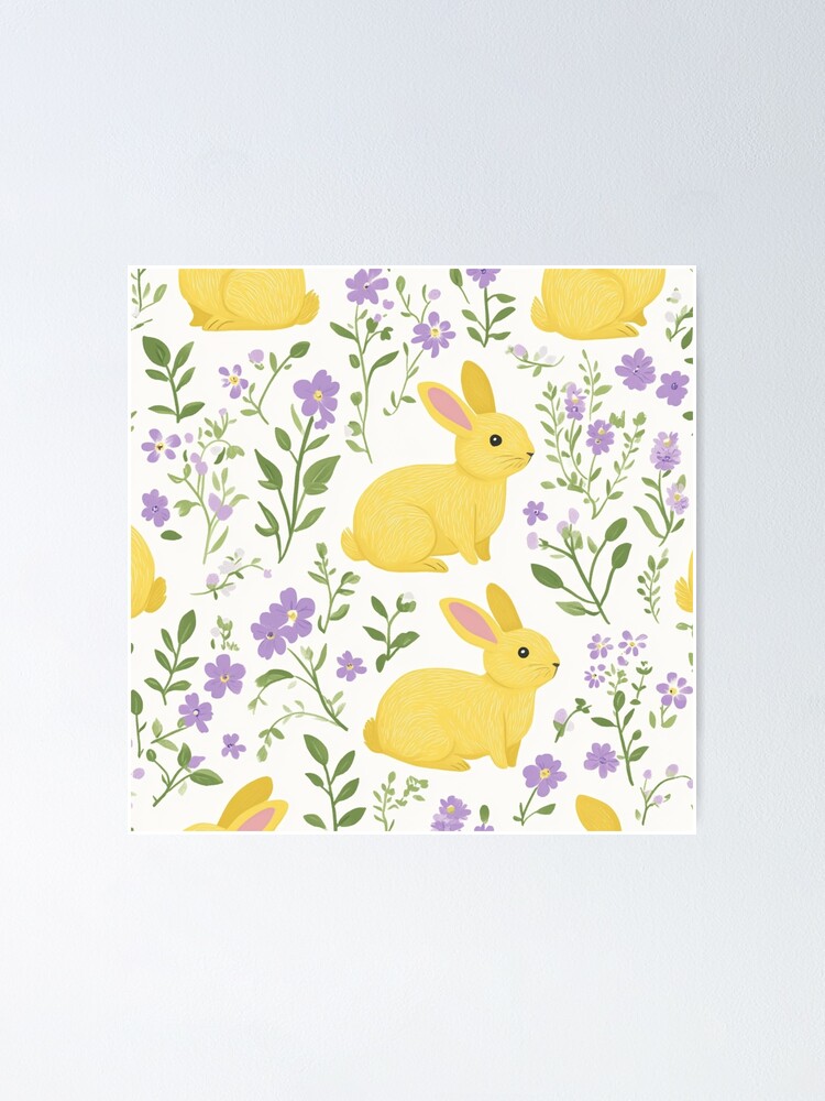 Thumbnail 1 of 3, Poster, Yellow Bunny & Lavender Floral Pattern – Springtime Whimsy designed and sold by Patricks-Art.
