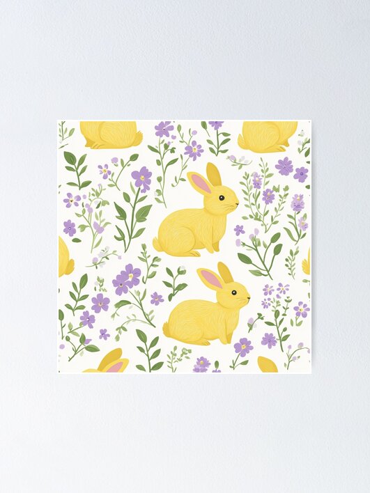 Thumbnail 1 of 3, Poster, Yellow Bunny & Lavender Floral Pattern – Springtime Whimsy designed and sold by Patricks-Art.