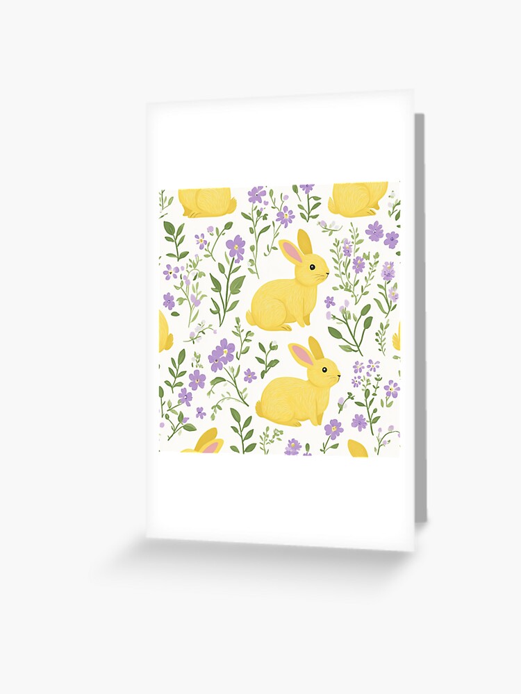 Thumbnail 1 of 2, Greeting Card, Yellow Bunny & Lavender Floral Pattern – Springtime Whimsy designed and sold by Patricks-Art.