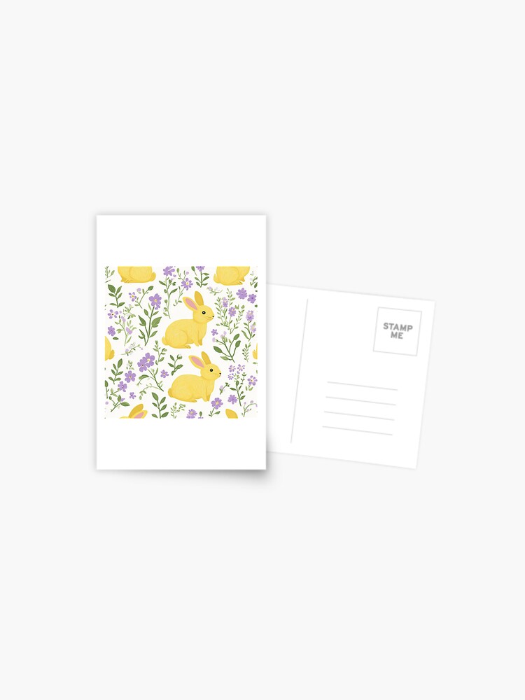 Thumbnail 1 of 2, Postcard, Yellow Bunny & Lavender Floral Pattern – Springtime Whimsy designed and sold by Patricks-Art.