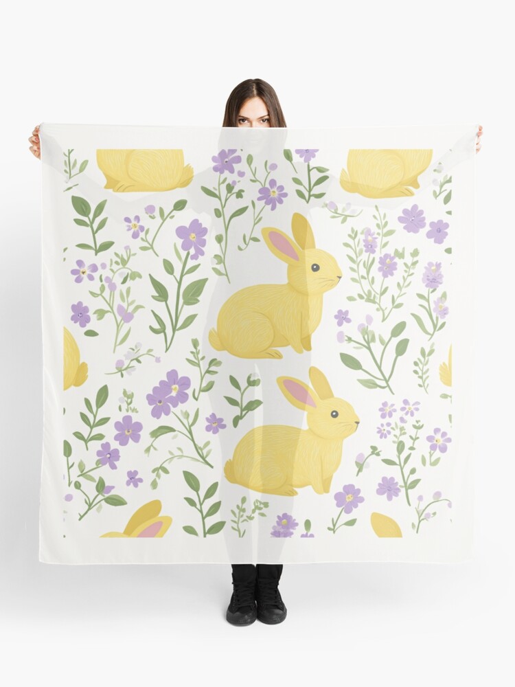 Thumbnail 1 of 3, Scarf, Yellow Bunny & Lavender Floral Pattern – Springtime Whimsy designed and sold by Patricks-Art.