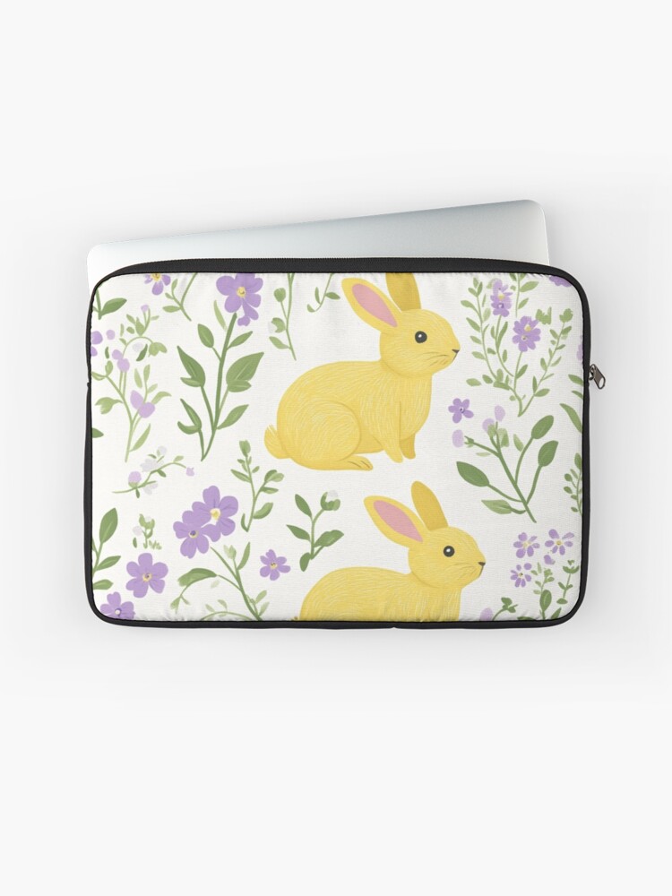 Thumbnail 1 of 2, Laptop Sleeve, Yellow Bunny & Lavender Floral Pattern – Springtime Whimsy designed and sold by Patricks-Art.