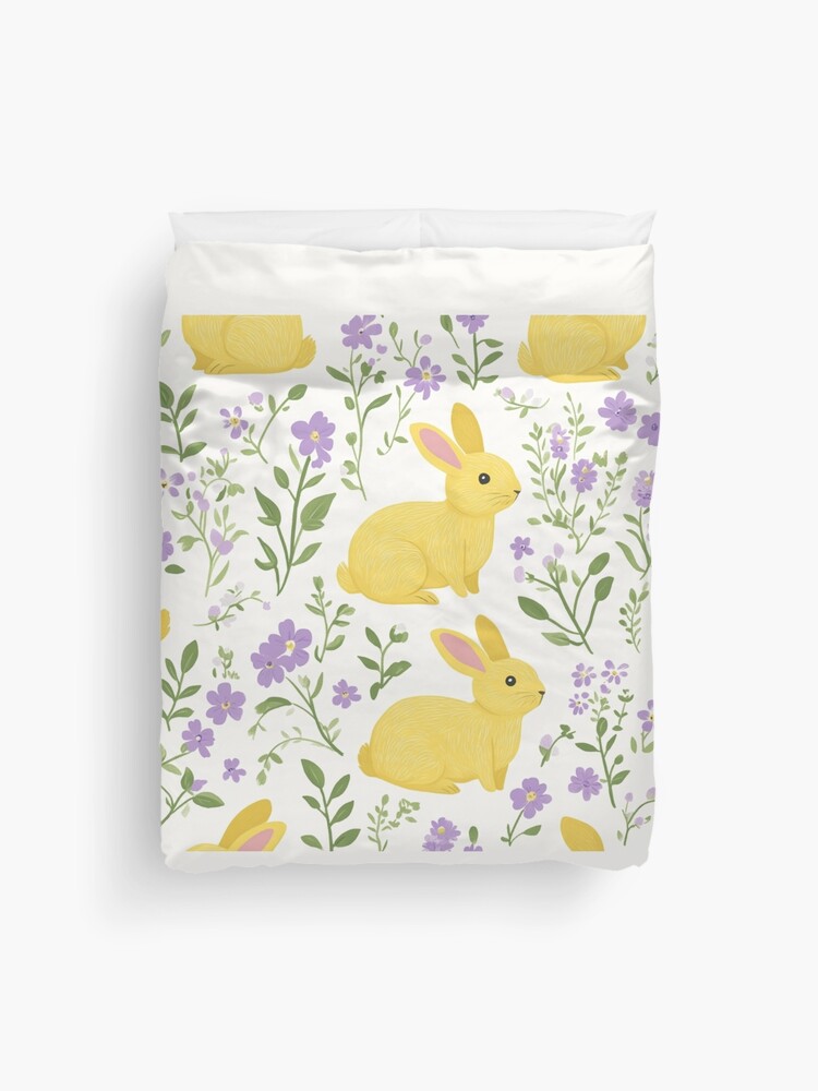 Thumbnail 1 of 2, Duvet Cover, Yellow Bunny & Lavender Floral Pattern – Springtime Whimsy designed and sold by Patricks-Art.
