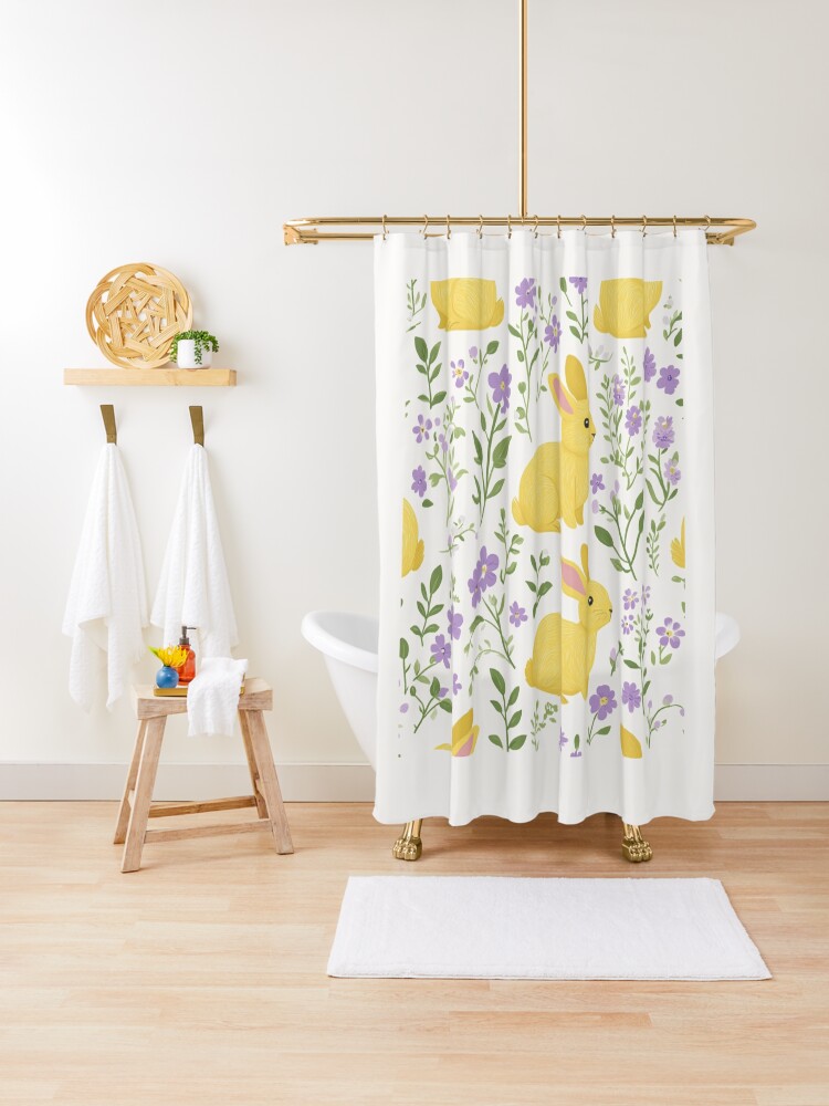 Thumbnail 1 of 5, Shower Curtain, Yellow Bunny & Lavender Floral Pattern – Springtime Whimsy designed and sold by Patricks-Art.