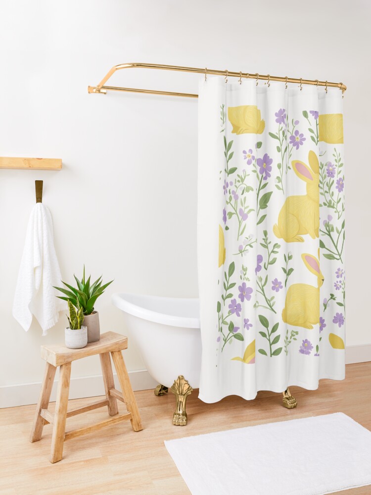 Thumbnail 3 of 5, Shower Curtain, Yellow Bunny & Lavender Floral Pattern – Springtime Whimsy designed and sold by Patricks-Art.