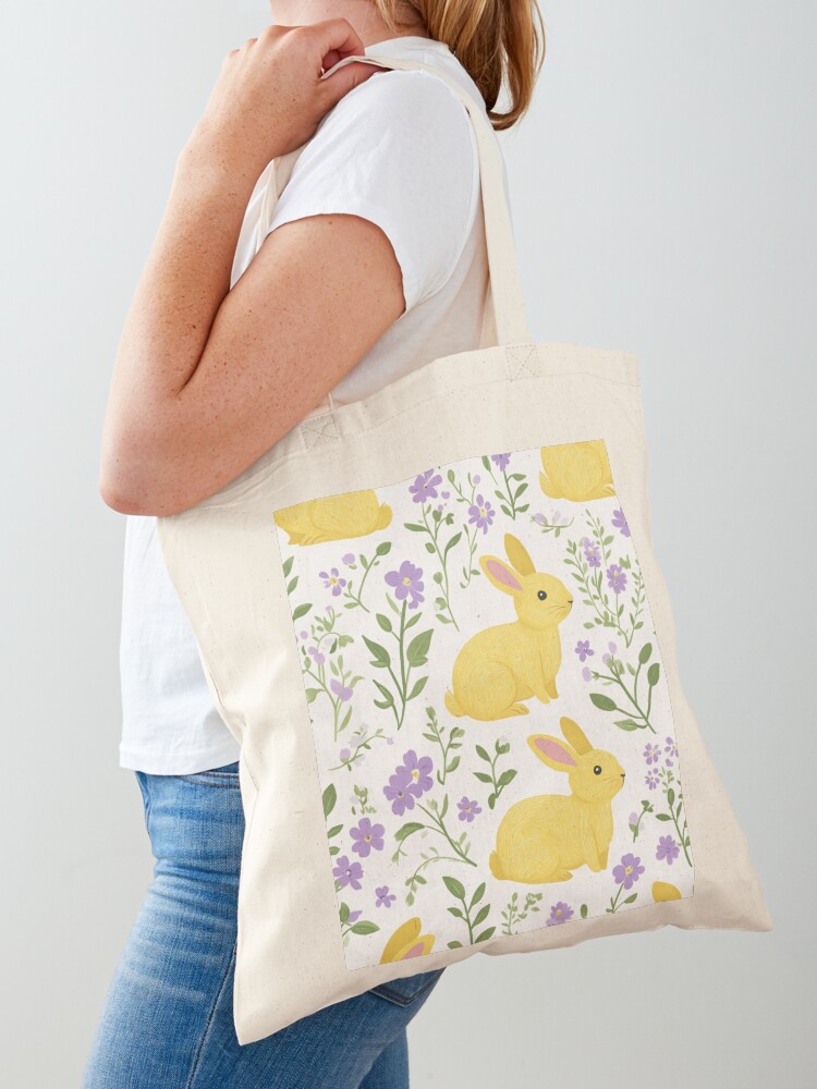 Thumbnail 1 of 5, Tote Bag, Yellow Bunny & Lavender Floral Pattern – Springtime Whimsy designed and sold by Patricks-Art.