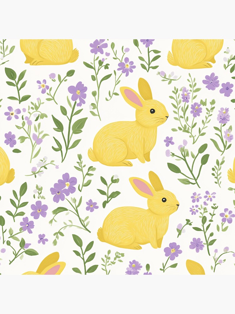 Thumbnail 3 of 3, Sticker, Yellow Bunny & Lavender Floral Pattern – Springtime Whimsy designed and sold by Patricks-Art.