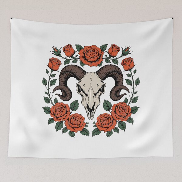 Item preview, Ram Skull and Roses with Gothic Botanical Vibe designed and sold by BirdsnStuff.