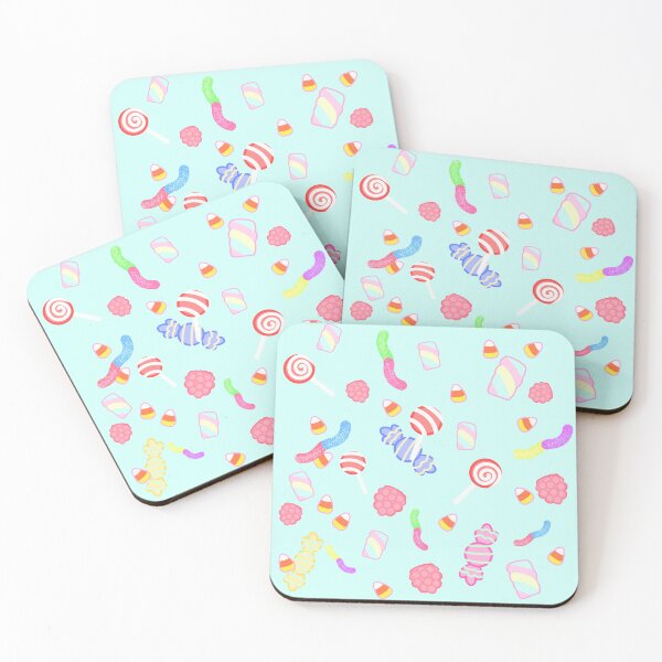 Item preview, Sweet pastel-colored sweets, lollipops, marshmallows, and corn candy in pink, purple, and red on a turquoise background designed and sold by katecheerycake.