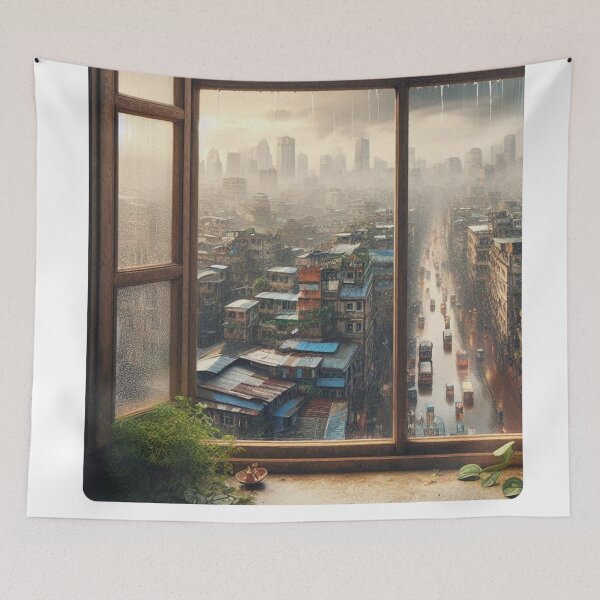 Item preview, Rustic Window Rainy Dhaka View – Ultra-Realistic Urban Design for City Vacation Lovers and Rainy Day Aesthetic Fans designed and sold by knalpot-design.