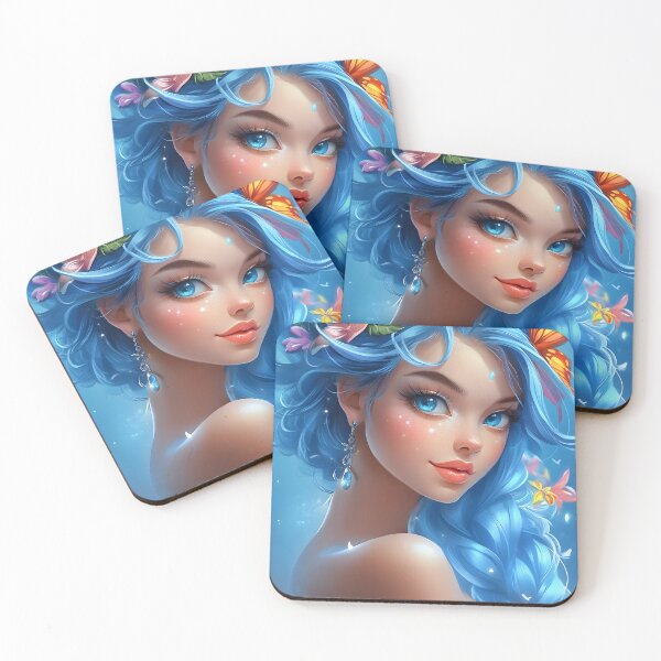 Item preview, Enchanting woman with blue hair adorned with flowers designed and sold by Artessie.