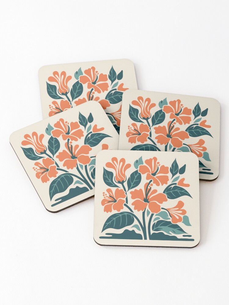 Thumbnail 1 of 5, Coasters (Set of 4), Tropical Hibiscus in Retro Colors – Bold Floral Design designed and sold by Patricks-Art.