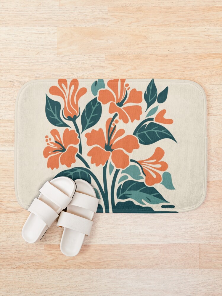 Thumbnail 1 of 6, Bath Mat, Tropical Hibiscus in Retro Colors – Bold Floral Design designed and sold by Patricks-Art.