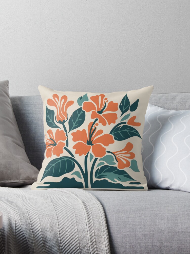 Thumbnail 1 of 4, Pillow, Tropical Hibiscus in Retro Colors – Bold Floral Design designed and sold by Patricks-Art.