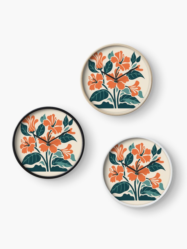 Thumbnail 3 of 4, Clock, Tropical Hibiscus in Retro Colors – Bold Floral Design designed and sold by Patricks-Art.