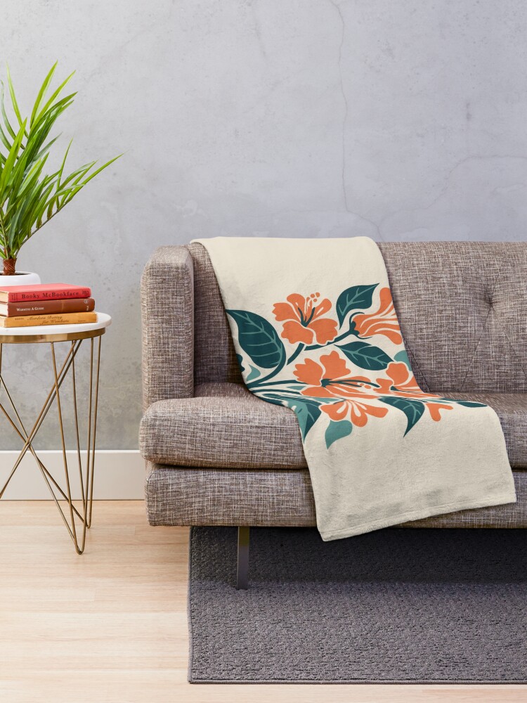 Thumbnail 2 of 6, Throw Blanket, Tropical Hibiscus in Retro Colors – Bold Floral Design designed and sold by Patricks-Art.