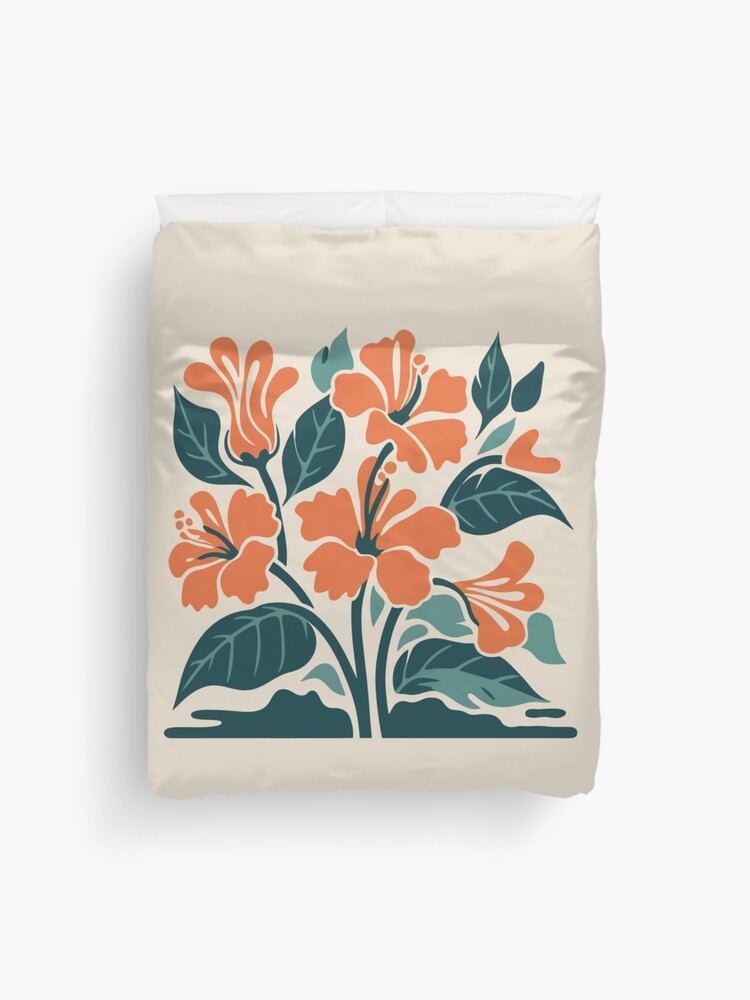 Thumbnail 1 of 2, Duvet Cover, Tropical Hibiscus in Retro Colors – Bold Floral Design designed and sold by Patricks-Art.