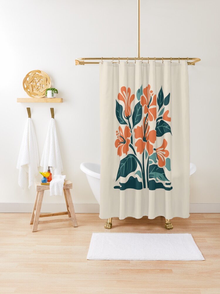 Thumbnail 1 of 5, Shower Curtain, Tropical Hibiscus in Retro Colors – Bold Floral Design designed and sold by Patricks-Art.