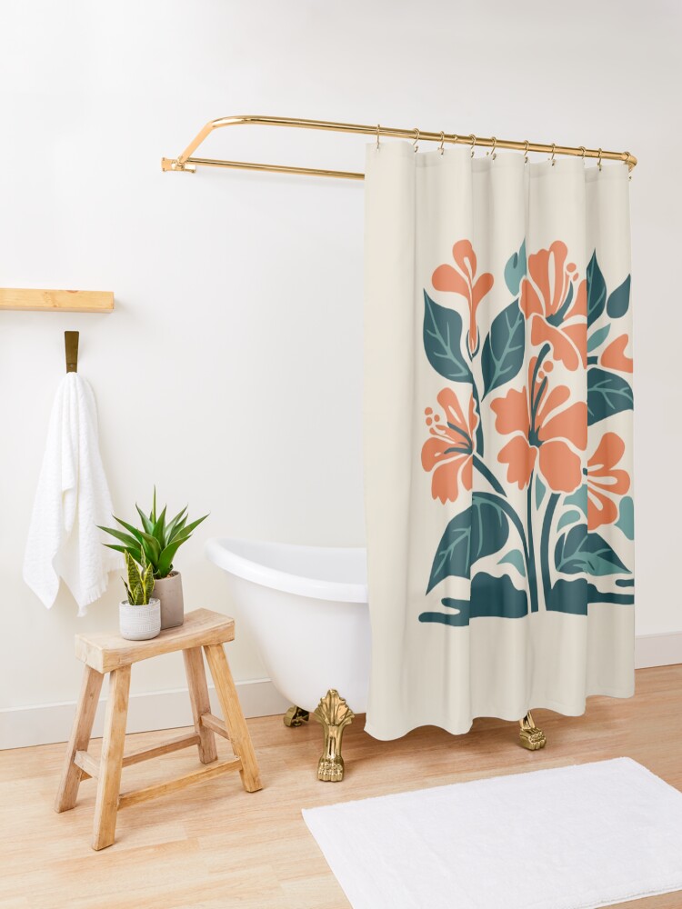 Thumbnail 3 of 5, Shower Curtain, Tropical Hibiscus in Retro Colors – Bold Floral Design designed and sold by Patricks-Art.