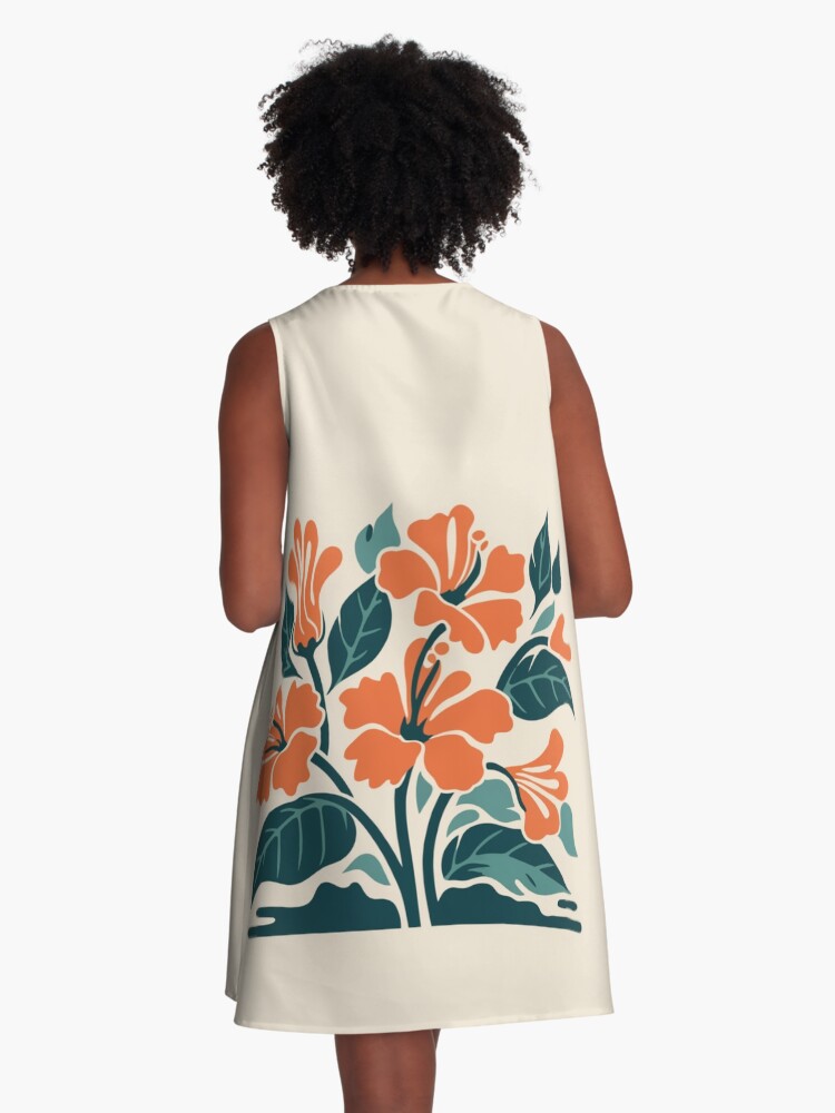 Thumbnail 3 of 4, A-Line Dress, Tropical Hibiscus in Retro Colors – Bold Floral Design designed and sold by Patricks-Art.