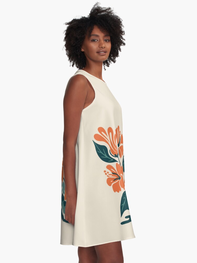 Thumbnail 2 of 4, A-Line Dress, Tropical Hibiscus in Retro Colors – Bold Floral Design designed and sold by Patricks-Art.