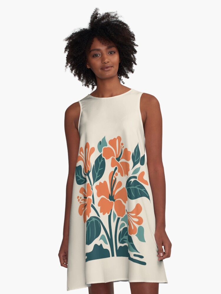 Thumbnail 1 of 4, A-Line Dress, Tropical Hibiscus in Retro Colors – Bold Floral Design designed and sold by Patricks-Art.