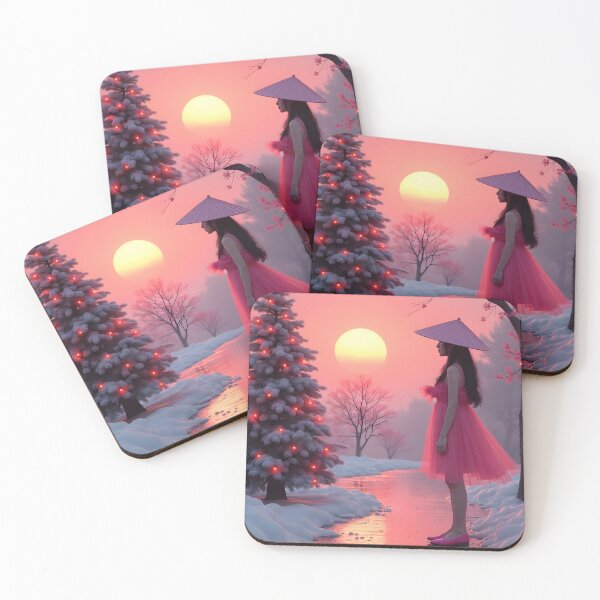 Item preview, Asian young woman watching a Christmas tree in the sunset, orange sky designed and sold by Coolparrotgirl.