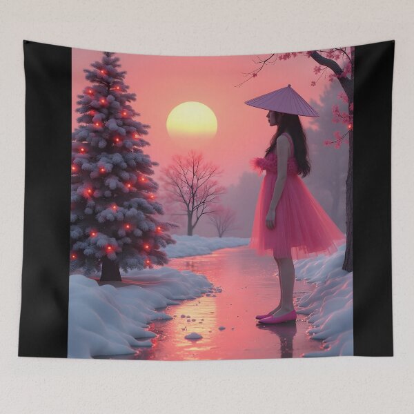 Item preview, Asian young woman watching a Christmas tree in the sunset, orange sky designed and sold by Coolparrotgirl.