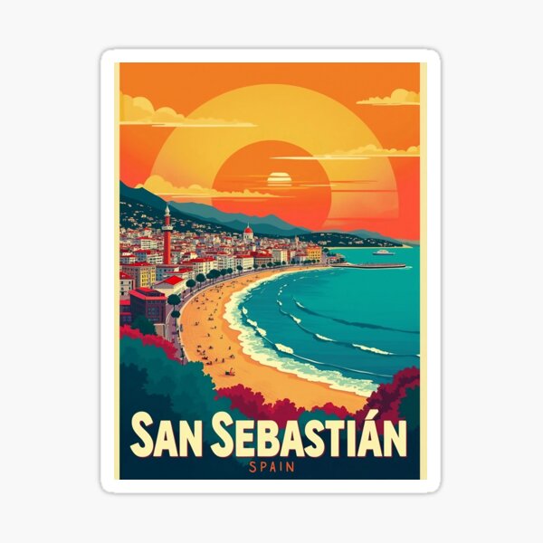 Vista previa del artículo con la obra «Póster retro de San Sebastián | Impresión digital de arte pop | Arte urbano playero colorido | Decoración de pared vintage de viajes por España | Arte con ambiente costero», diseñado y vendido por PaintedPixels01.