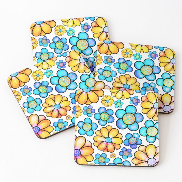 Item preview, Retro 1960's Aqua And Yellow Hippie Flowers Pattern designed and sold by DEC02.