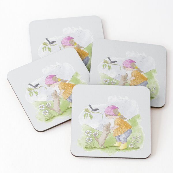 Item preview, Girl Puppy Bird Flowers Mountains Illustration designed and sold by Jaana Day.