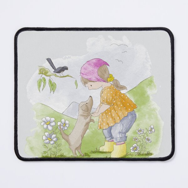 Item preview, Girl Puppy Bird Flowers Mountains Illustration designed and sold by Jaana Day.