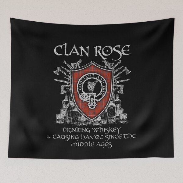 Item preview, Clan Rose drinking whiskey and causing havoc heritage crest tartan plaid designed and sold by Clan1093.