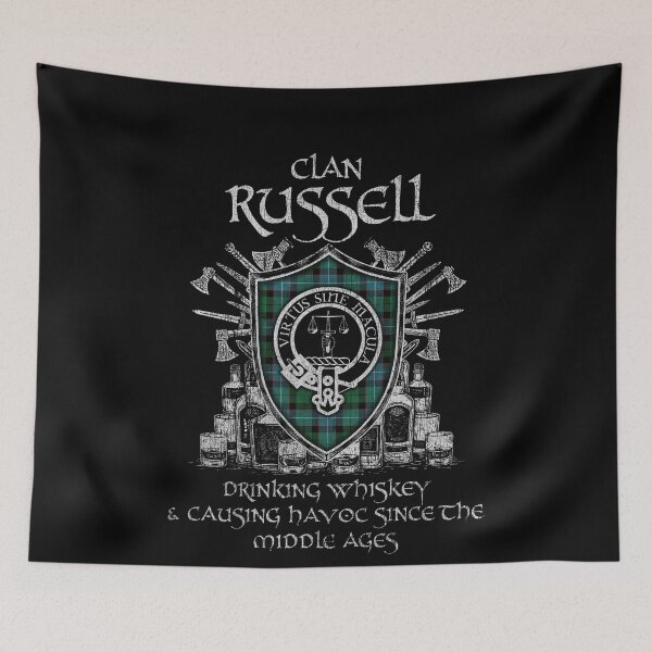 Item preview, Clan Russell drinking whiskey and causing havoc heritage crest tartan plaid designed and sold by Clan1093.