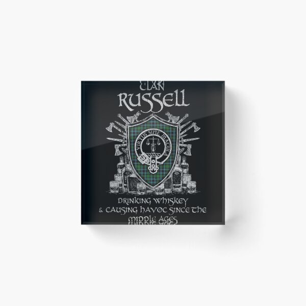 Item preview, Clan Russell of Peebleshire drinking whiskey and causing havoc heritage crest tartan plaid designed and sold by Clan1093.