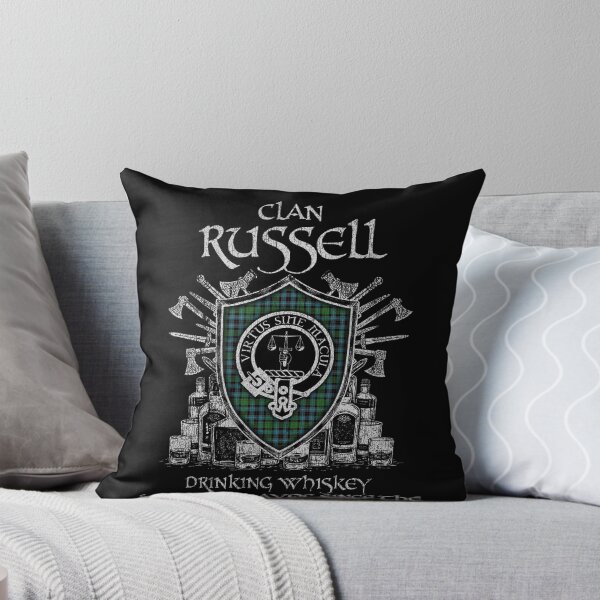 Item preview, Clan Russell of Peebleshire drinking whiskey and causing havoc heritage crest tartan plaid designed and sold by Clan1093.