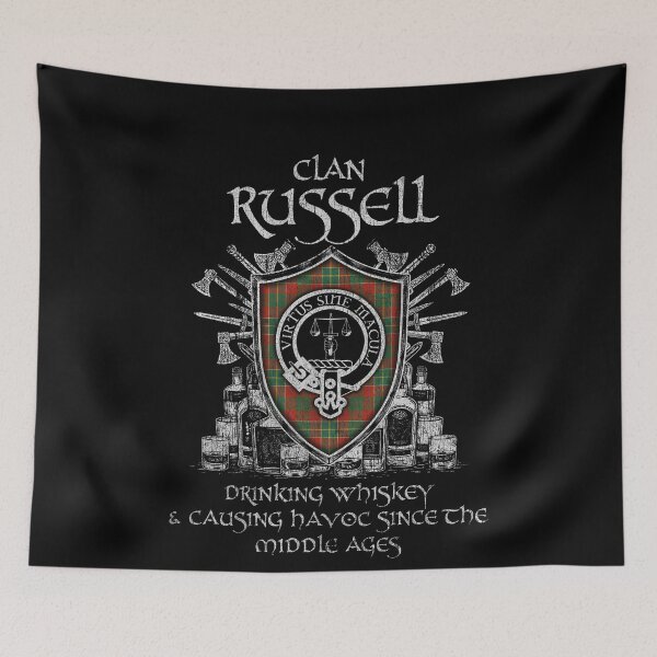 Item preview, Clan Russell US drinking whiskey and causing havoc heritage crest tartan plaid designed and sold by Clan1093.