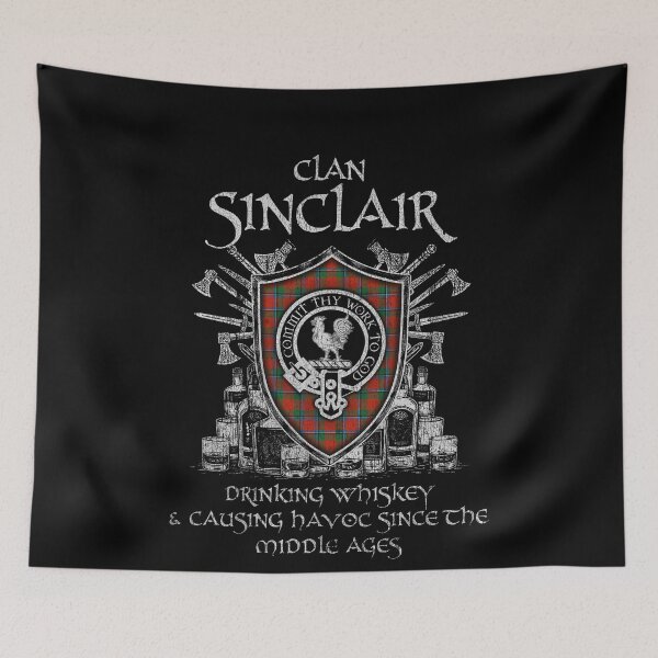 Item preview, Clan Sinclair drinking whiskey and causing havoc heritage crest tartan plaid designed and sold by Clan1093.