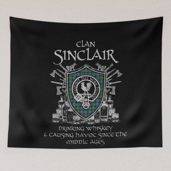 Item preview, Clan Sinclair of Ulster drinking whiskey and causing havoc heritage crest tartan plaid designed and sold by Clan1093.