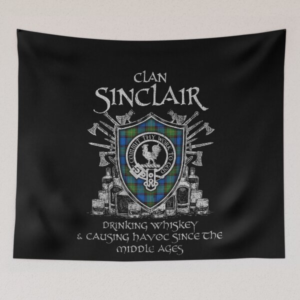 Item preview, Clan Sinclair-Brown drinking whiskey and causing havoc heritage crest tartan plaid designed and sold by Clan1093.
