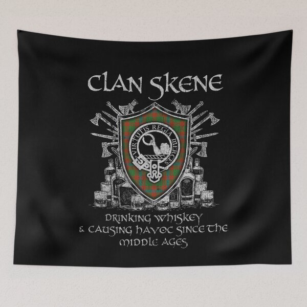 Item preview, Clan Skene drinking whiskey and causing havoc heritage crest tartan plaid designed and sold by Clan1093.