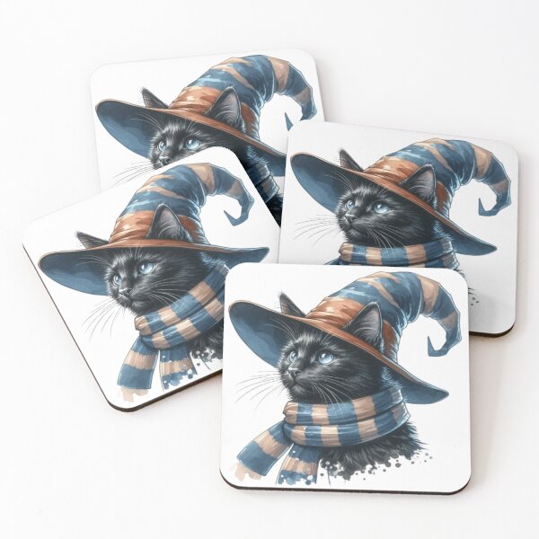 Item preview, Black Cat in Wizard Hat and House Scarf - Cute Feline Fantasy Art designed and sold by 2ndSketch.