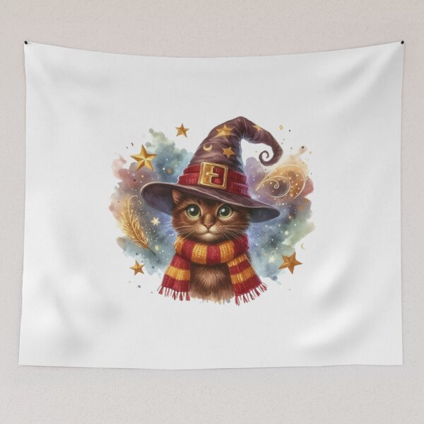 Item preview, Brave Cat in Wizard Hat and Striped Scarf - Bold Feline Fantasy Art designed and sold by 2ndSketch.