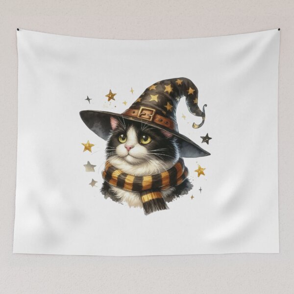 Item preview, Fluffy White Cat in Wizard Hat & Yellow Scarf - Cozy Feline Fantasy Art designed and sold by 2ndSketch.