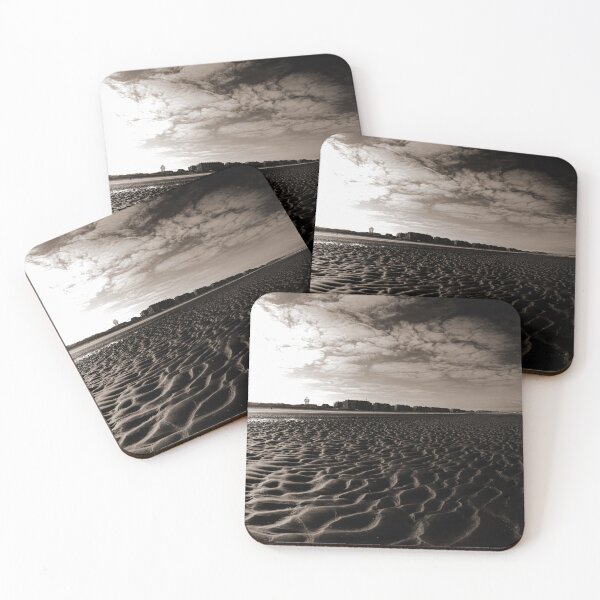 Item preview, Vast Sandy Beach With City Skyline Under Clear Blue Sky in sepia designed and sold by FotoMahieu.